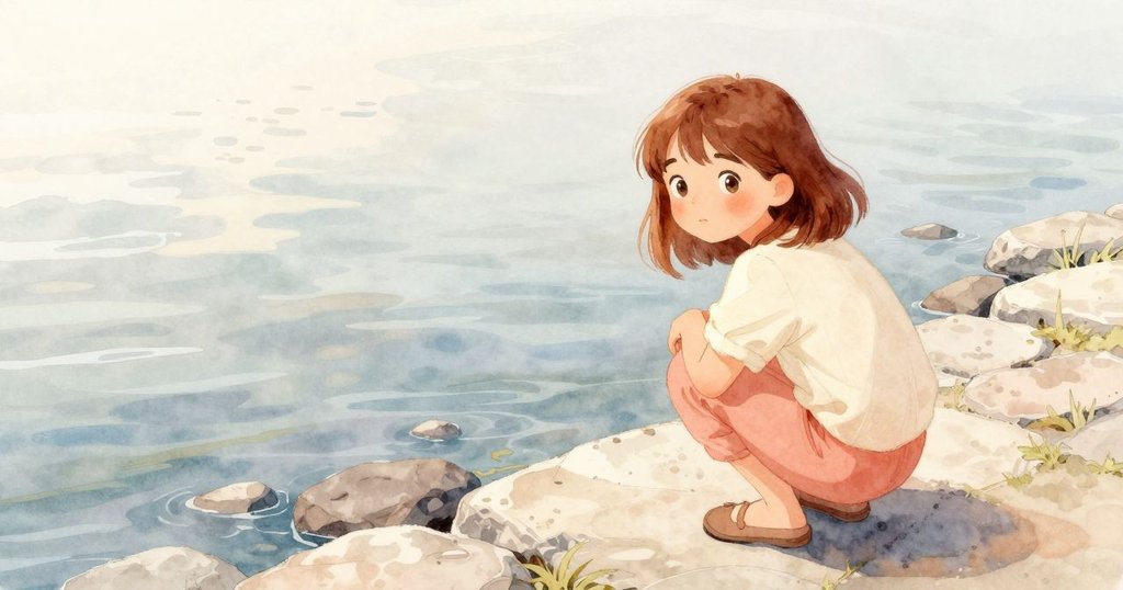 艾薇在海邊石排前蹲下輕觸灰塵，環境柔和，寧靜中展現探索的心情。