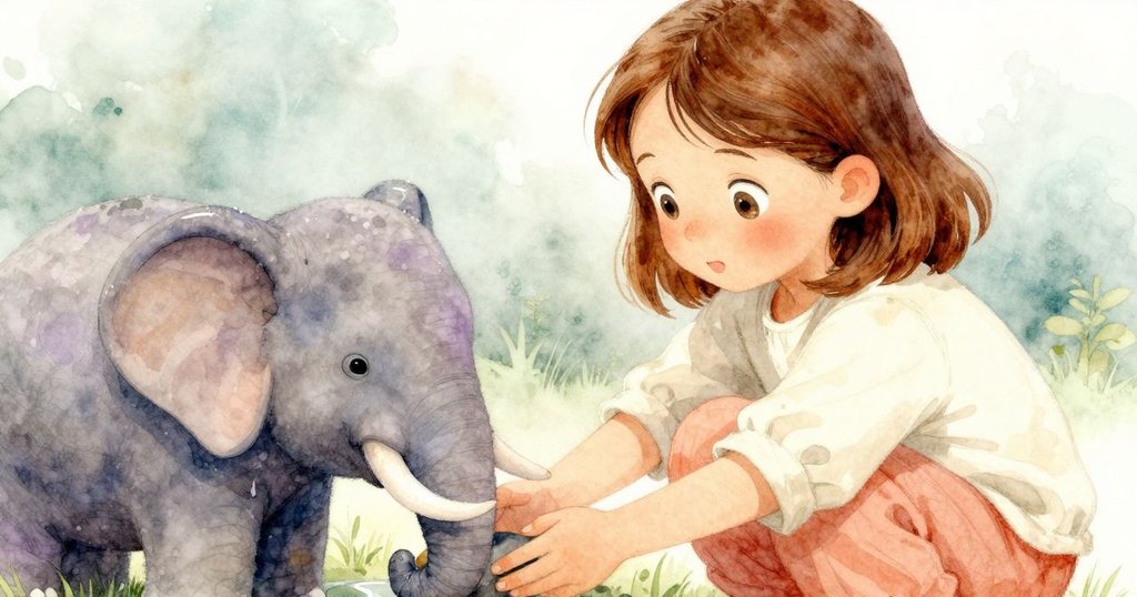 艾薇專注地用手輕提形似小象的濕石，細節豐富，表情堅定展現探索精神。