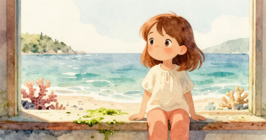 艾薇站在石堆旁凝望水邊，濕潤的石板和遠方天際形成如窗景般自然畫面。