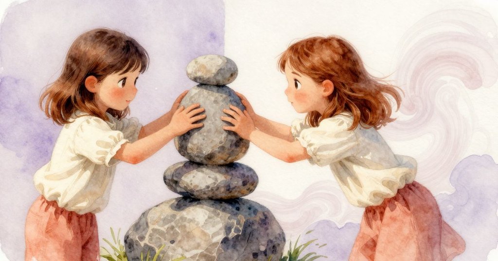 艾薇一邊小心調整平衡的石頭，另一邊幻想裡出現輕柔上升氣流，畫面展示現實與想像交織。