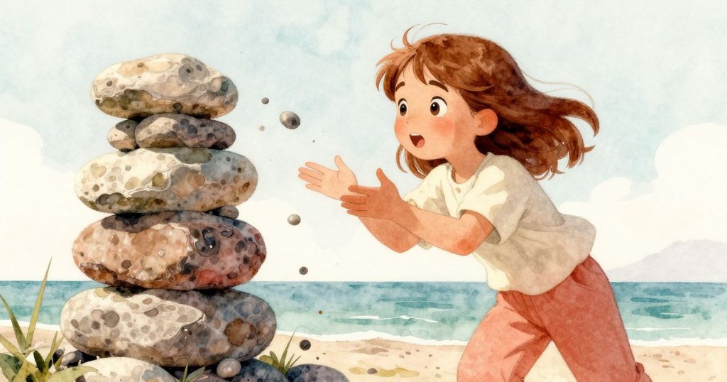 艾薇迅速伸手阻止瀰漫的卵石，石塔因陣風微傾，畫面充滿緊張與動感。