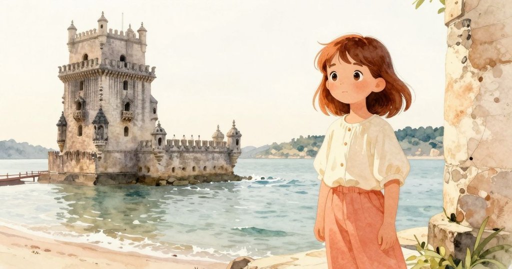 艾薇滿意地站在修復好的石塔旁，向遠處拋石生波告別，夕陽映照下充滿溫暖平靜氛圍。