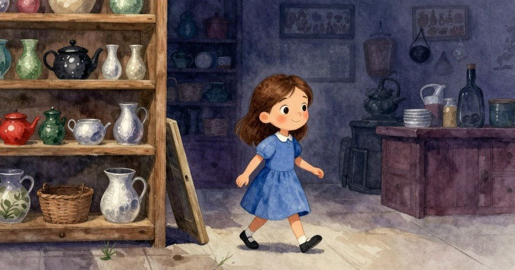 Sara輕步走向陳列架, 觸摸溫暖木頭, 陳列室內柔和燈光, 神情專注且平靜, 故事初始探索