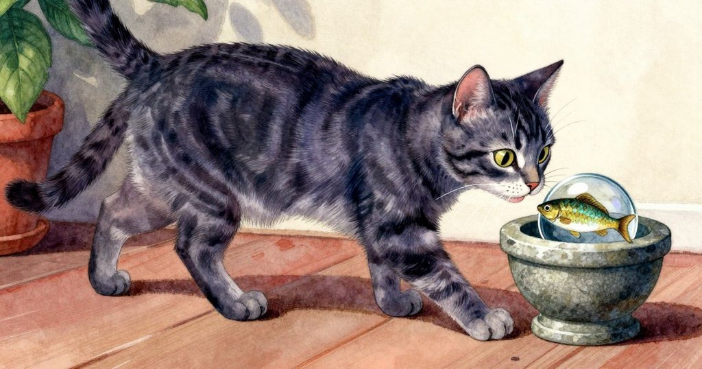 小店貓伸展輕推銅魚紙鎮, 引起木質香脂小落, 場景呈現動作連鎖, 氣氛活潑轉折