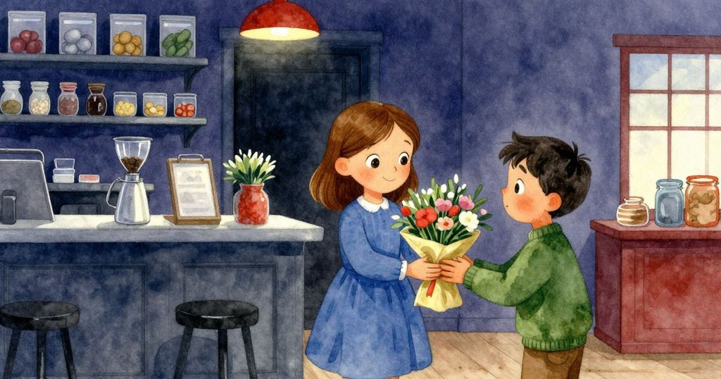 Sara將精選香氛帶至櫃檯, 同時Max在門邊觀察模仿, 場景寧靜溫馨, 結局滿足和解