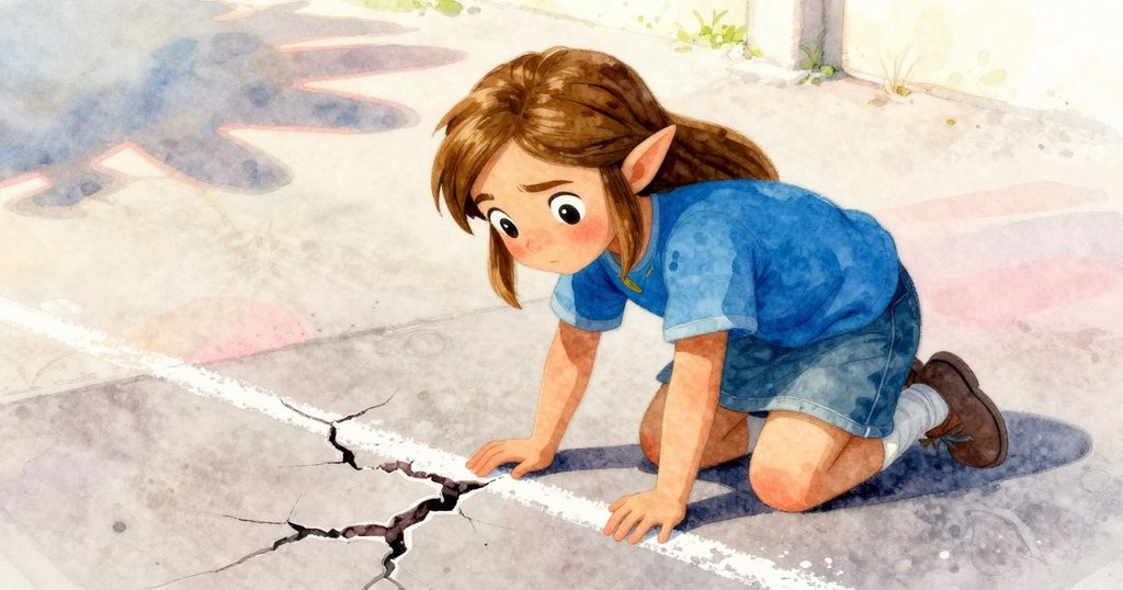 茲爾達跪著檢查裂痕粉筆線，偏斜視角帶來動感，晨光映襯粉筆斑駁痕跡，情感專注呈現