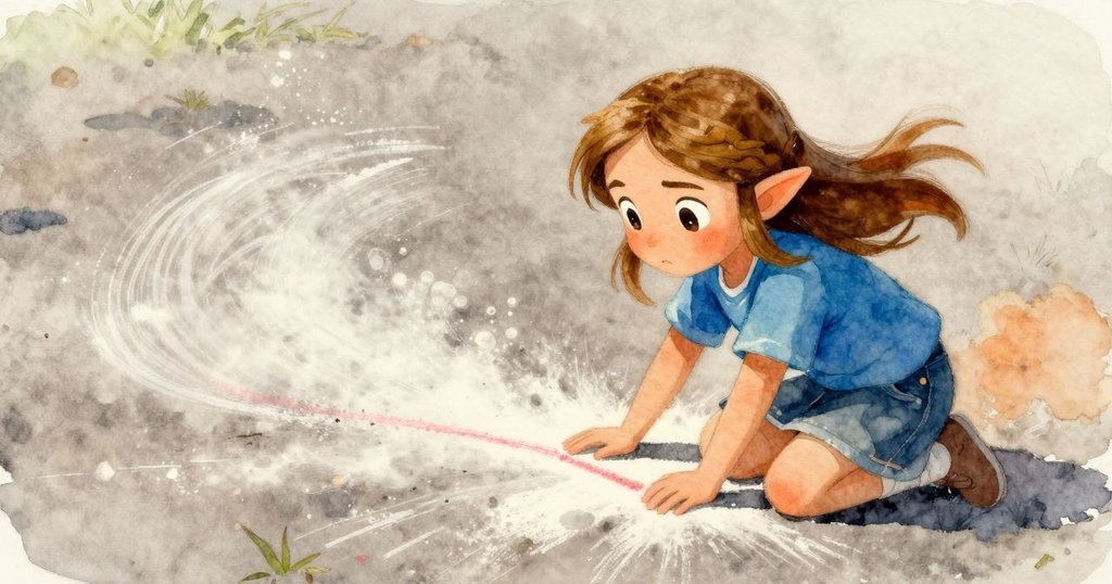 茲爾達在微風吹拂下重繪裂痕粉筆線，隨著風輕揚粉末，創造出彎曲丘陵與流動河川，氣氛溫暖