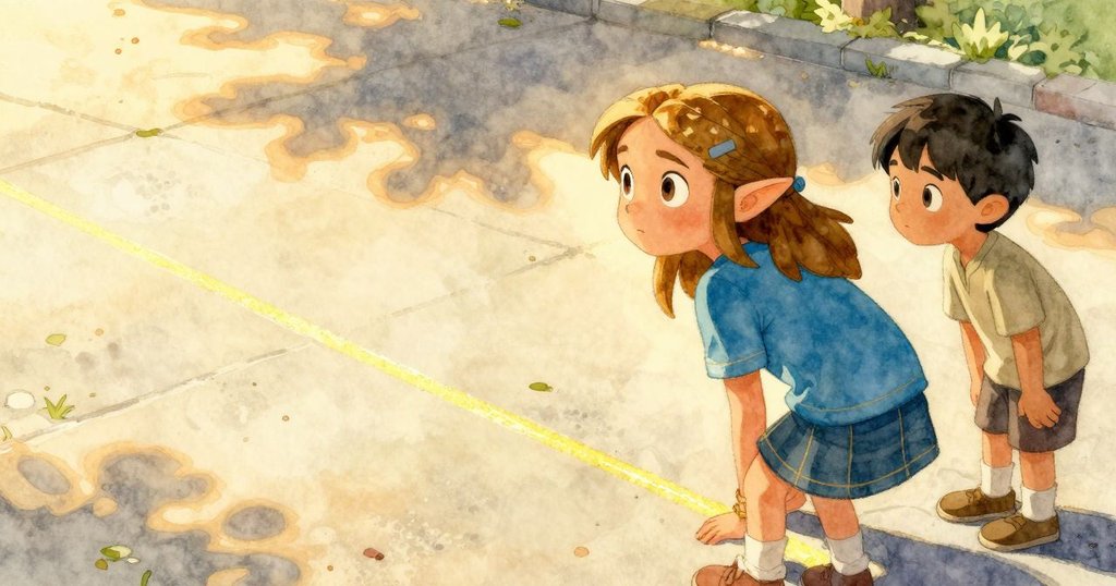 茲爾達觀察木棍影子前移留下的粉筆痕跡，博里抬頭注視，陽光背光下展現動感與藝術演化