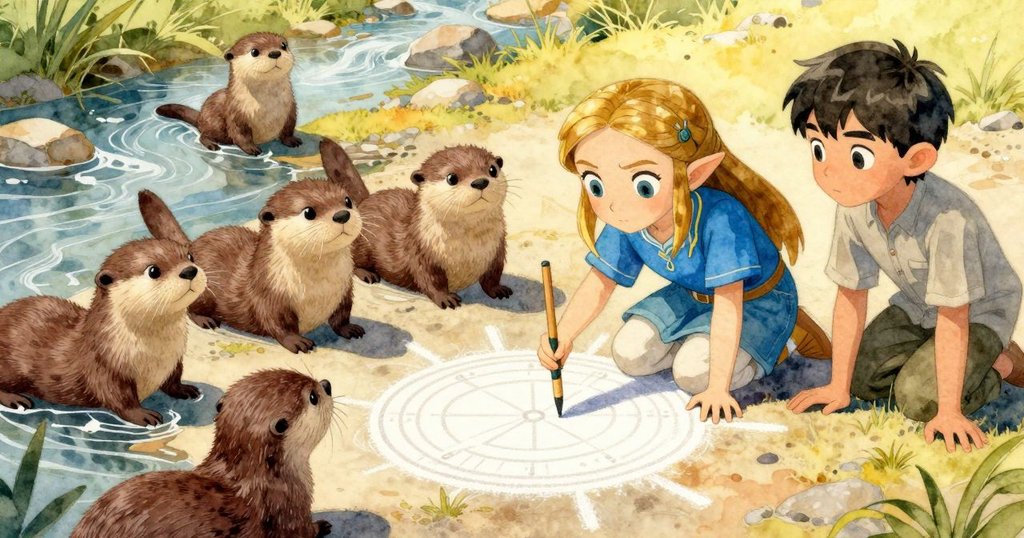 茲爾達後退欣賞粉筆河流與日晷曲線，博里專心繪畫，籬笆外水中河狸一家嬉戲，整體場景溫暖美好