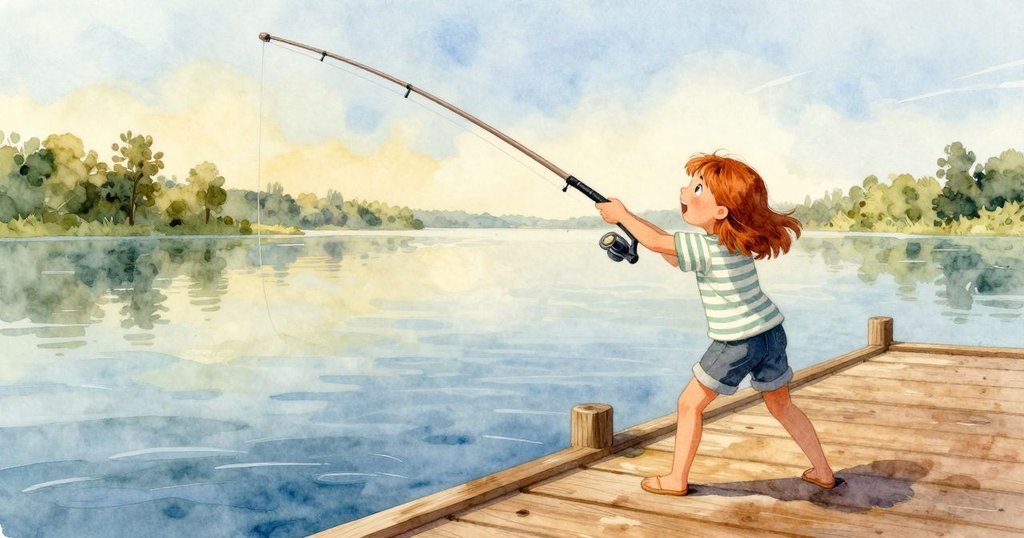 Viola在木碼頭上揮桿釣魚，柳樹濃蔭下動感畫面，充滿好奇與期待，天光柔和。