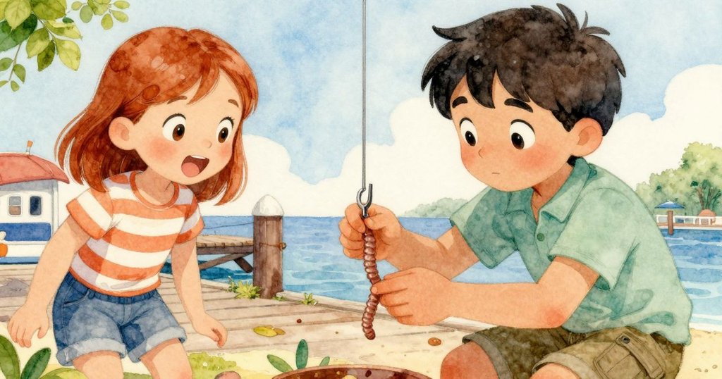 Zander專注操作掛勾，細緻手部特寫呈現餌料處理動作，背景隱現木板設備。