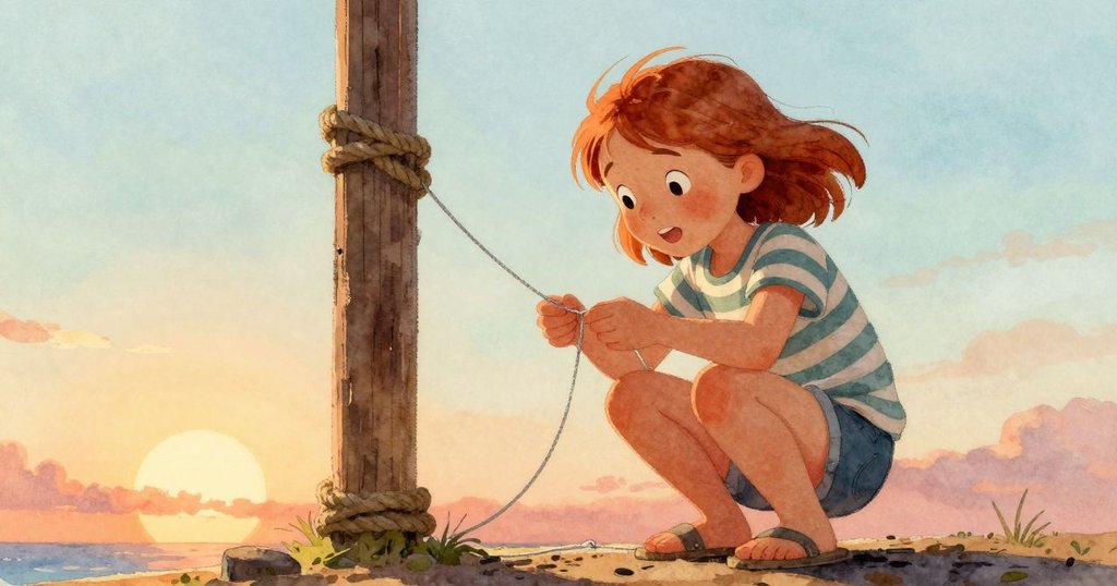 Viola蹲身解開纏繞釣線，低角度拍攝顯示堅定神情與背景木碼頭與繩索細節。