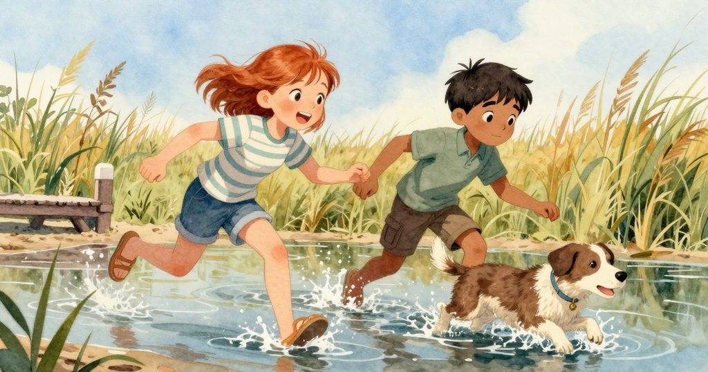 流浪犬躍入淺水區嬉戲，Viola與Zander急追，背景顯現碼頭與蘆葦交界，充滿緊張與活力。