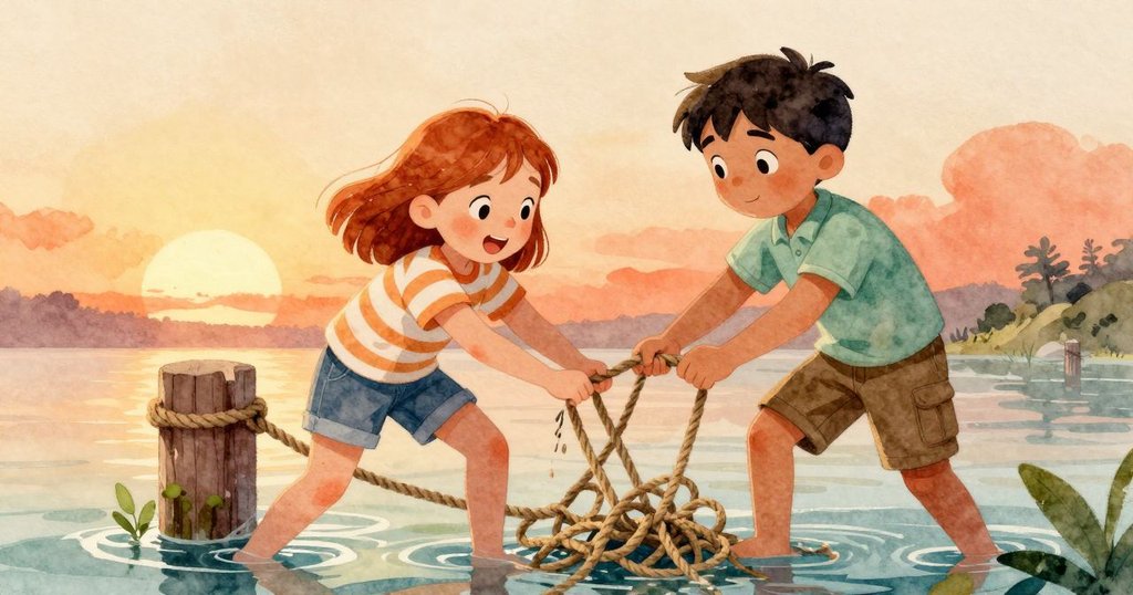 Viola與Zander合作解開纏繞線結，雙人努力表現出挑戰與緊張氣氛，背景呈現濕潤木板細節。