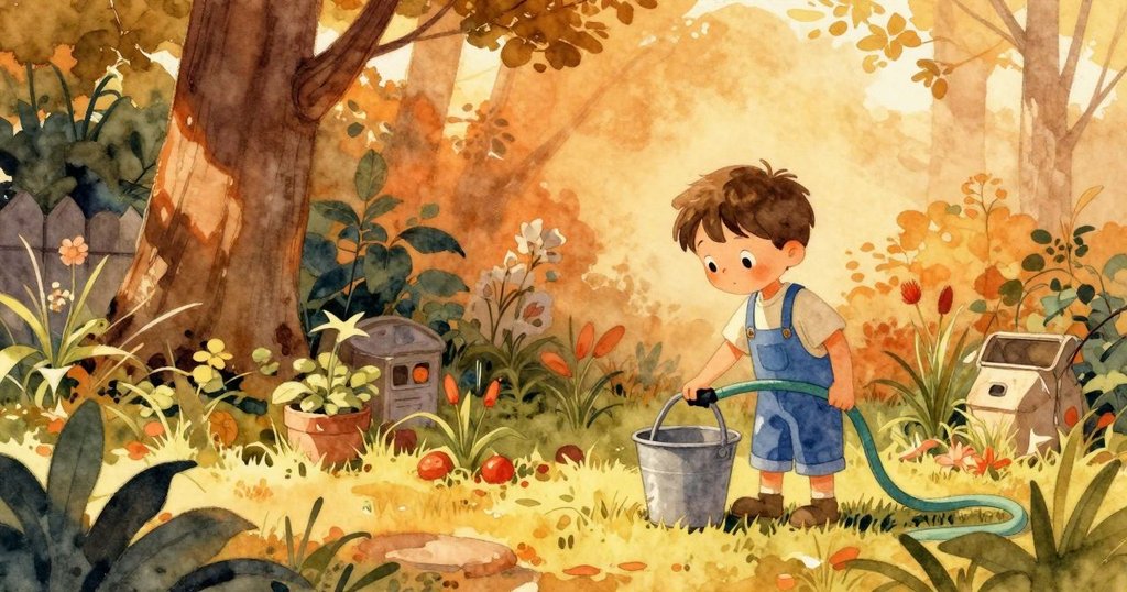 托比亞斯站在花園中,靜靜看著桶和噴水管,準備開始製作泥蛋糕,表情平靜期待,場景充滿溫暖氛圍。