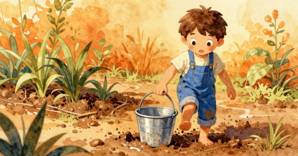 托比亞斯的腳步踏入濕潤泥土,桶和木勺近旁,留下一串清晰足跡,充滿溫暖與動態的自然場景。