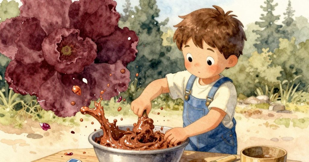 透過托比亞斯的肩後視角,看到他用木勺攪拌帶花瓣與水花的泥漿,展現創作過程中的細膩動作與溫暖光影。