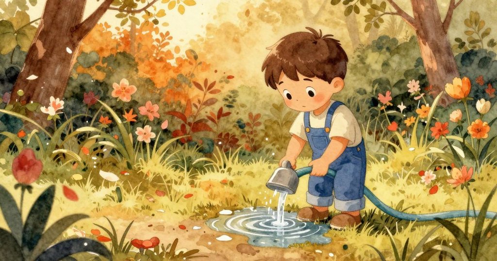 午後溫暖時分,花園中花朵盛開,花瓣紛飛,水管噴出水滴激起池中銀色漣漪,展現出季節美景與生機。