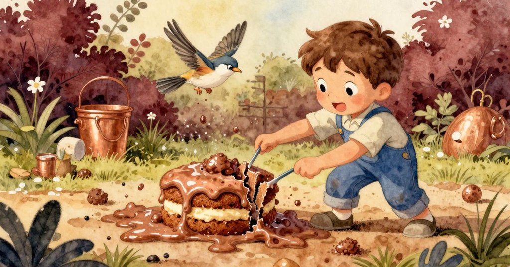 托比亞斯攪拌中泥蛋糕突然出現裂縫,水滴滴落同時麻雀驚飛,展現出創作過程中的動態因果關係。