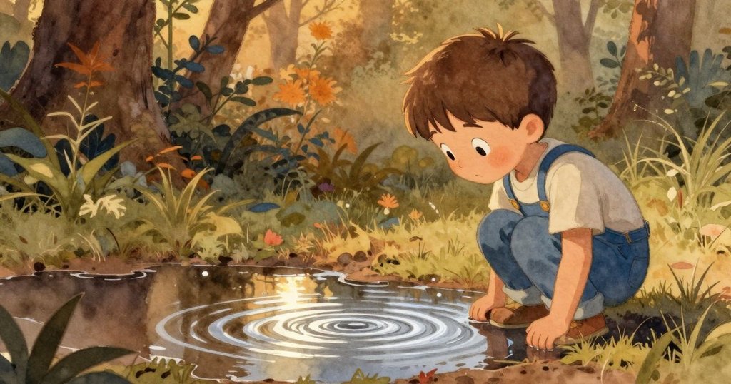 傍晚時分,托比亞斯搬動工作台至陰影中,平靜凝視花園邊緣池中銀色漣漪,展現結束忙碌後的沉思與寧靜。