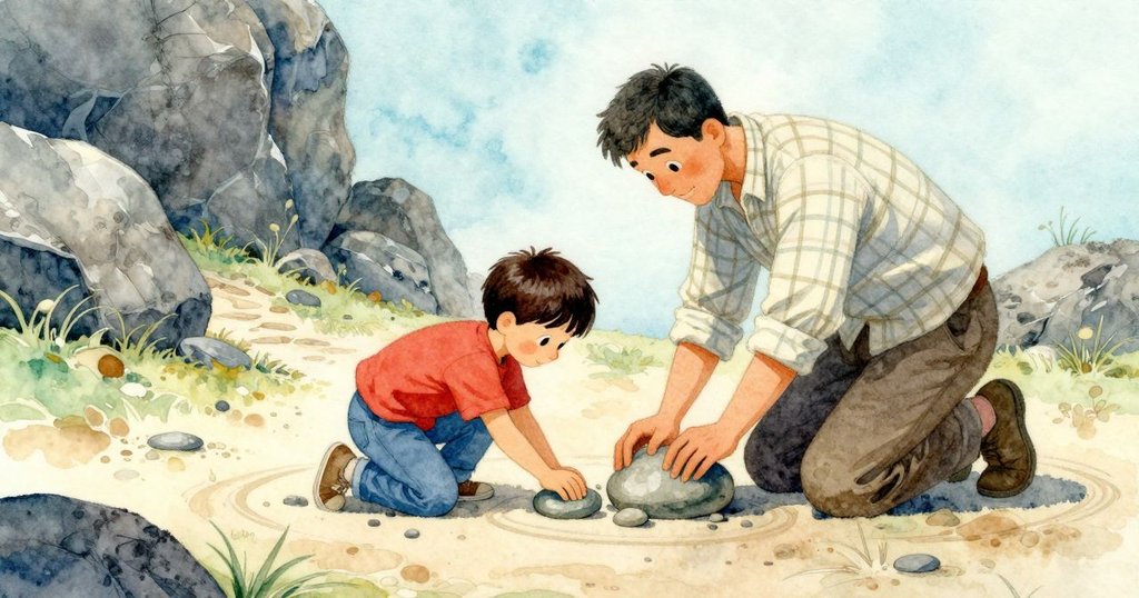 萊夫蹲在石頭間空缺處檢查並輕拍石塊，背景中叔叔正在調整鞋帶，戶外環境靜謐而專注