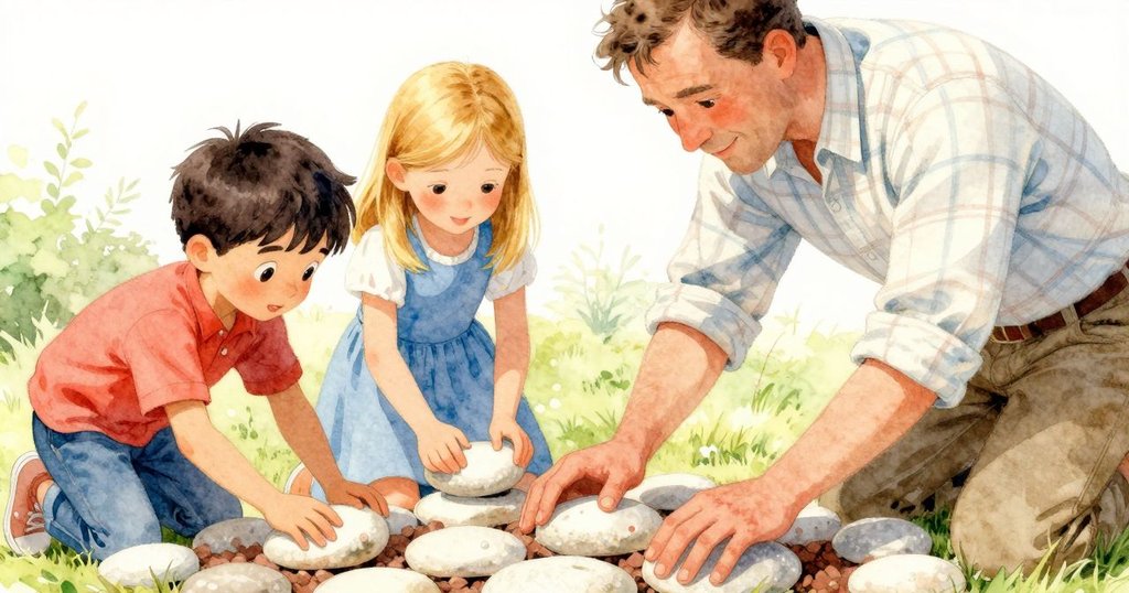 史黛拉的小手仔細放置拋光石板，近距離展示雙手與石板觸碰細節，環境明亮溫暖