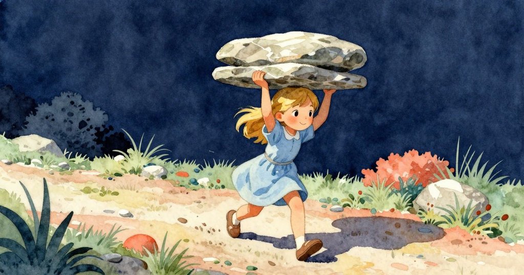 史黛拉低角度前行，步帶石板，背景中廣闊天空襯托出其堅定決心和動感