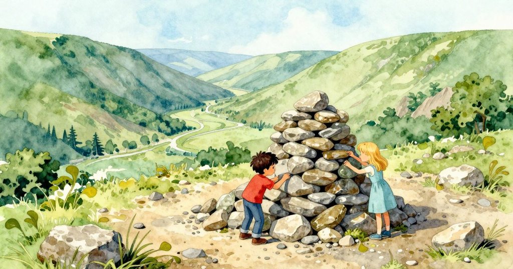 鳥瞰視角下的石堆坐落於岩坡上，孩子們正檢查結構，鬆散碎石與遠方山谷構成和諧畫面