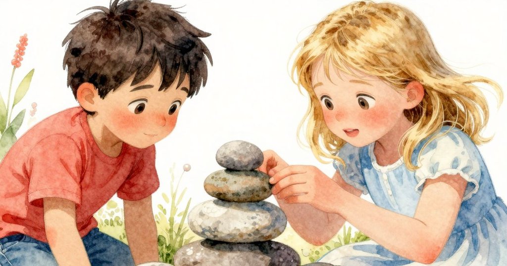 萊夫與史黛拉近距離交換微笑，專注檢視剛穩定的石堆，畫面充滿欣喜與成就感