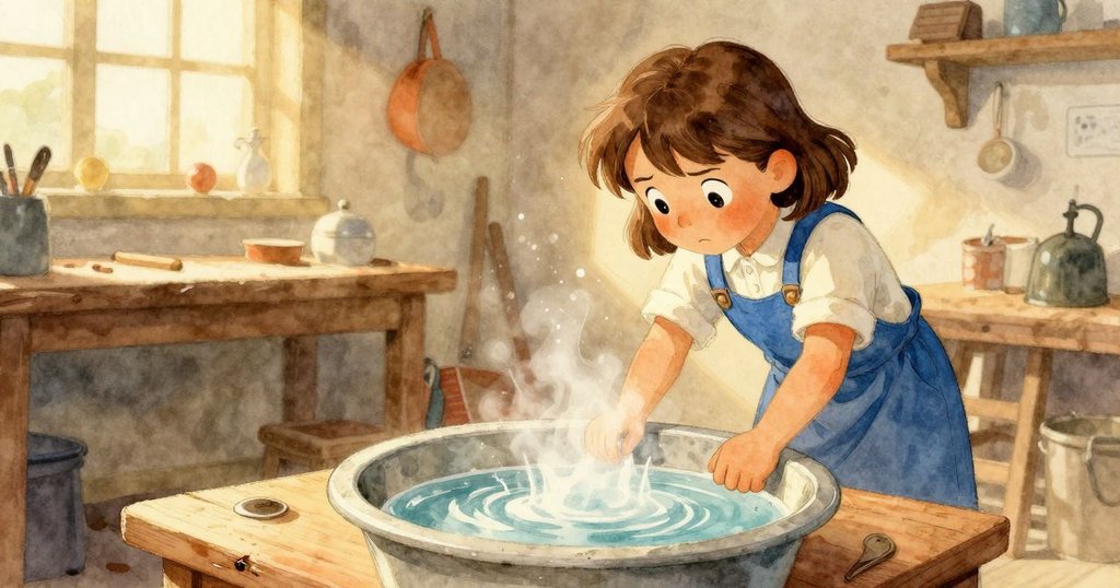 梅布爾站在工作室中，透過傾斜角度觀察盆中濃稠水流，手持海綿，神情充滿好奇與疑惑。