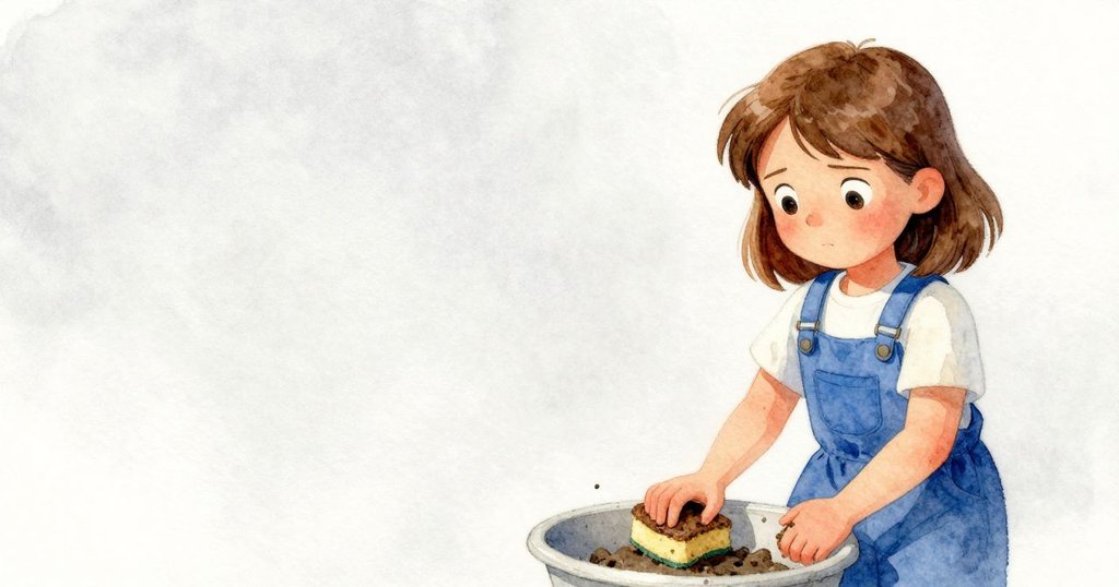 梅布爾靜立於空曠背景前，手持沾滿泥漿的海綿，仔細觀察充滿厚重泥液的盆子，神態專注。