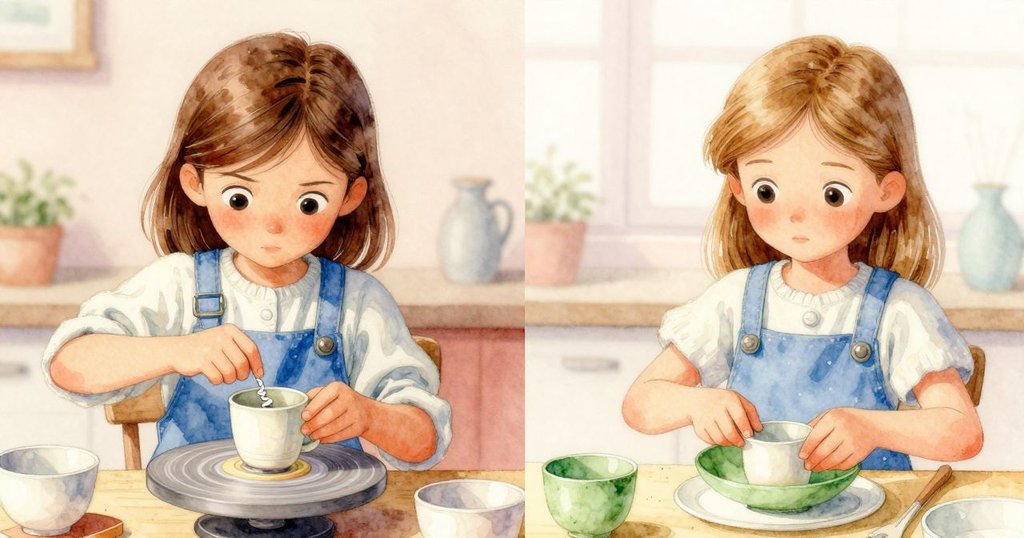 梅布爾專注於在轉動杯上均衡泥條，背景中珀兒整齊擺放瓷器，兩種情境交織呈現，充滿細膩動作。