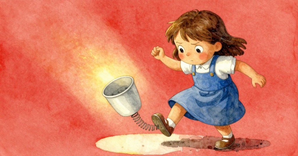 梅布爾面部表情充滿驚訝與堅定，轉動杯子和踏板彷彿凝固於瞬間，展現關鍵的動作高潮。