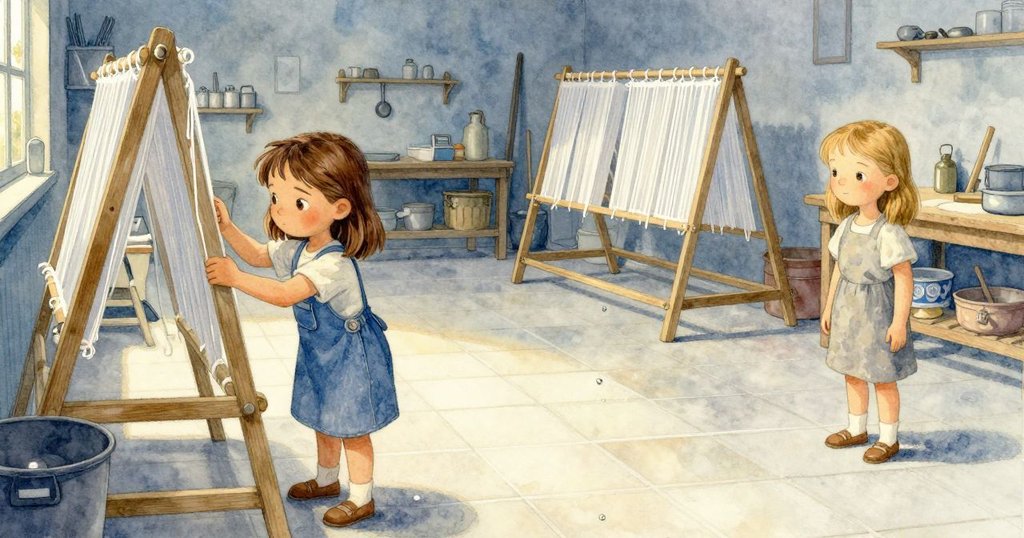 工作室全景中，珀兒整理晾乾架，瓷滴在瓷磚上緩緩移動，場景逐漸平靜，結局溫馨動人。