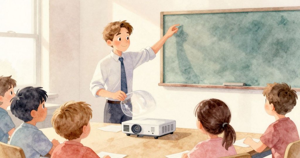 Leander在寬闊會議室中輕輕掀起投影儀塑膠蓋，動作專注環境柔和，傳達探索與靜謐的氛圍