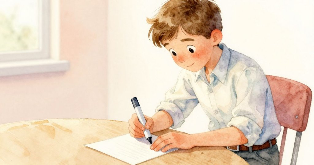 Leander在桌邊仔細測試白板筆蓋，特寫展示排列整齊的彩色筆盒與專注神情