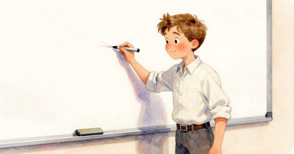 Leander在白板前劇烈搖晃紅色筆，筆觸中斷書寫'April'，場景以傾斜視角呈現動態細節