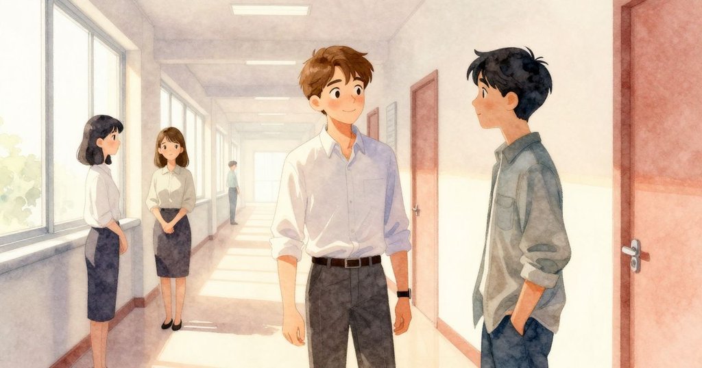 助理們在通道窗邊停留歡笑，透過柔和陽光照射展現出辦公室過渡空間的溫馨與活力