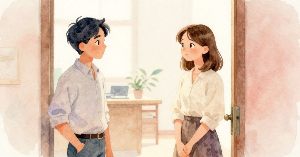 Troy與Fleur在門口交流輕談，神情溫暖自然，室內光線輕柔增添了辦公環境的寧靜