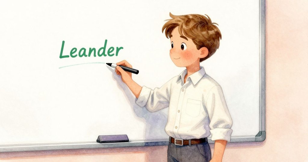 Leander在白板上以綠色筆完成最後一筆，神情專注與滿足，呼應開頭情境營造平靜結局