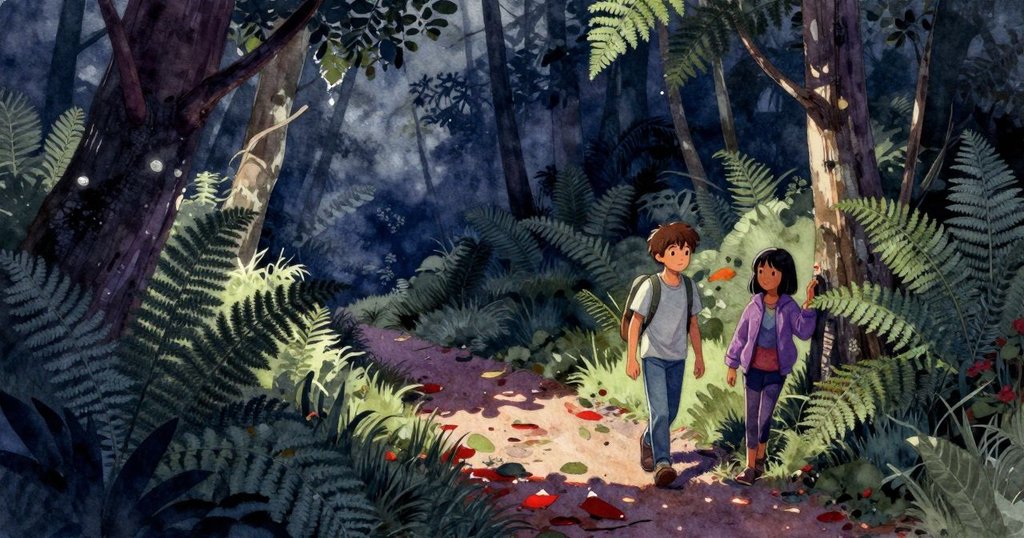 Wade與Bea在午後溫暖蕨林中行走，注視歪斜指示牌，氛圍充滿冒險與期待