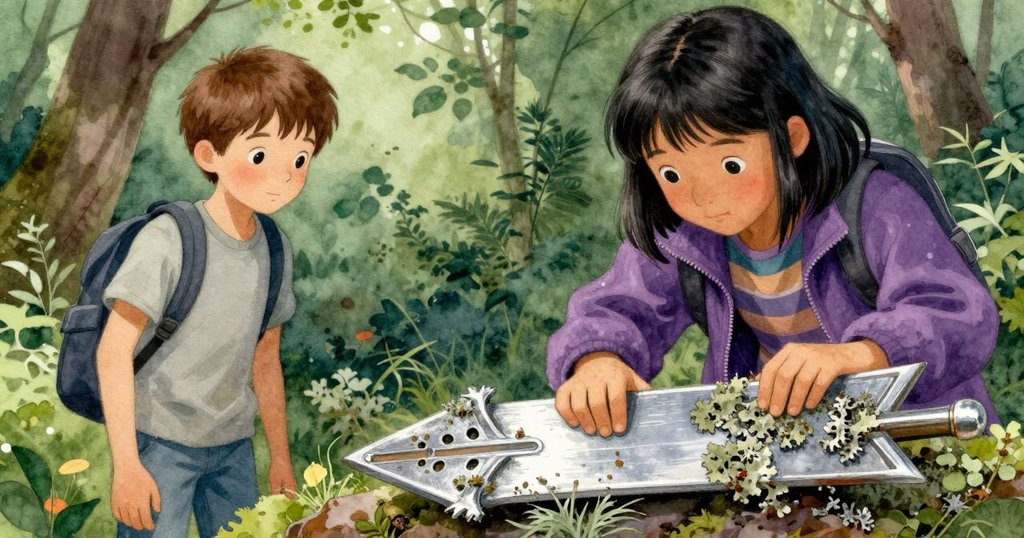 Bea輕觸扶穩帶苔蘚的指示牌，鏡頭聚焦細節，呈現探索未知的感覺