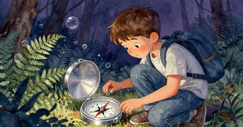 Wade蹲下仔細檢查指南針，氣泡輕撥指針，蕨林間光影交錯，充滿探險神秘感