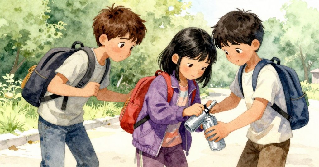 Wade解下水瓶灑水，Bea扶持指示牌，水花飛濺映出團隊合作精神，戶外氛圍溫暖