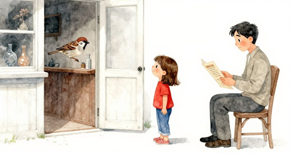 喬伊坐在吧台旁邊,家長在背景閱讀菜單,麻雀從露台門飛入場景,早晨光線溫暖而明亮