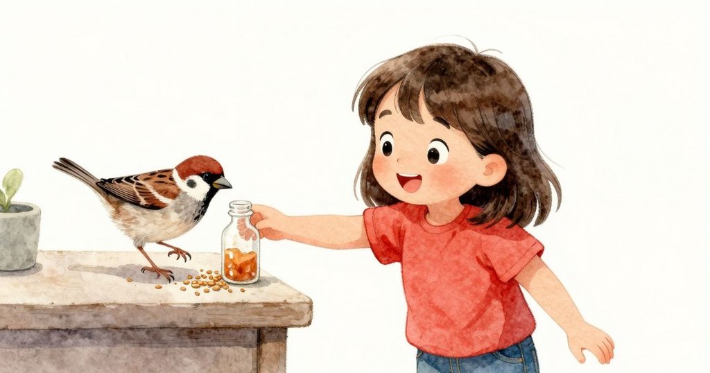 喬伊俯身伸手拿醬料瓶,關注吧台上散落的乾穀粒,背景中麻雀好奇注視,室內光線溫暖寬敞