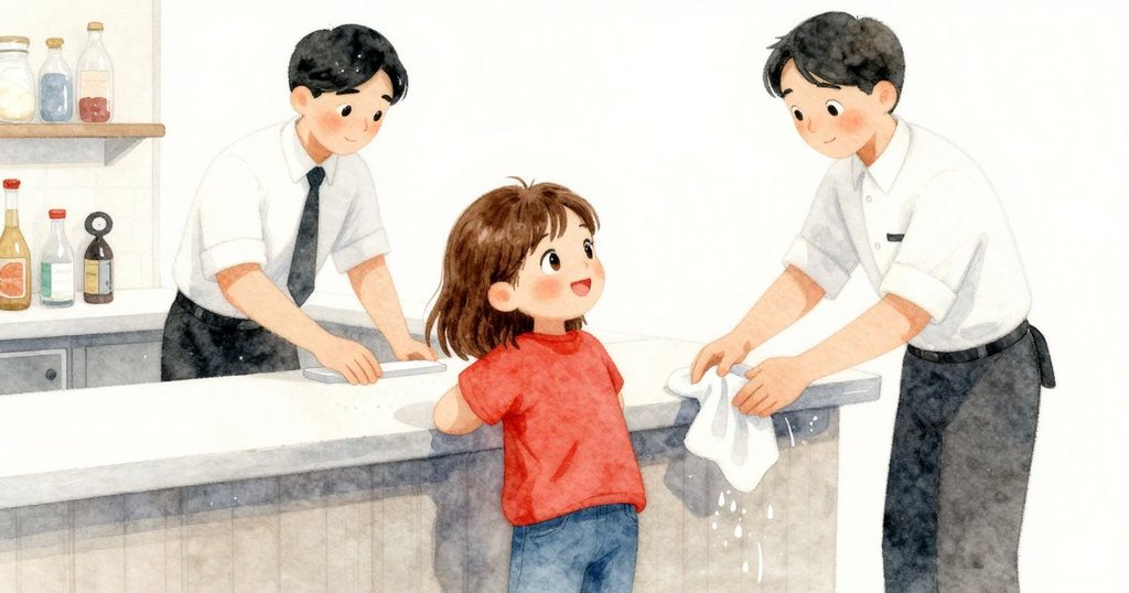 伺應員在吧台擦去溢出的水痕,喬伊靜靜觀察,背景中冰箱嗡嗡作響和印表機輕響,時間緩緩流逝