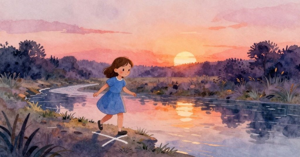 Viola在黎明中靠近溪流,她踏著牆上模糊的粉筆X,背景有推車與晨光映襯,顯得充滿期待。