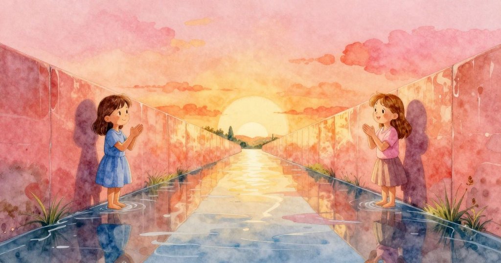 從高處俯視光滑牆面與流動溪水,Unity拍手產生雙重回聲,反射出溫暖光影與奇妙迴響,場景充滿詩意。