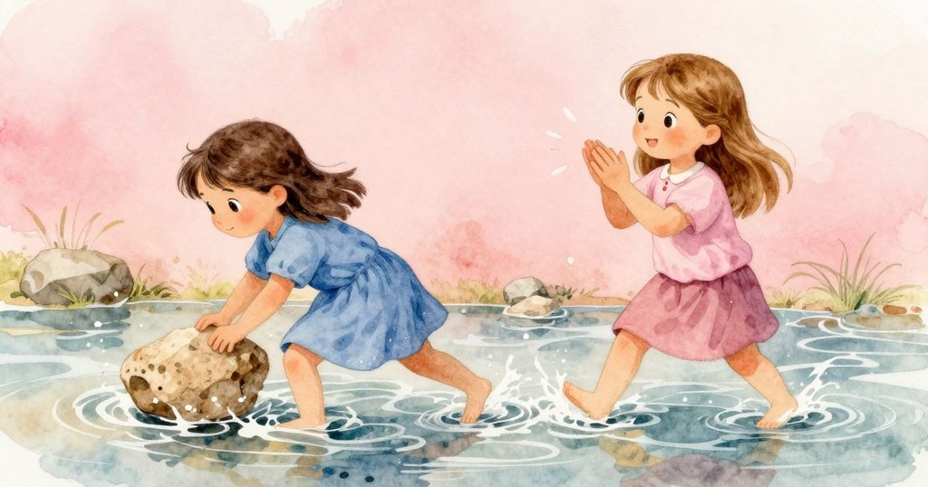 Viola在淺溪中拖曳著一塊扁平砂岩石,Unity隨之拍手,清晰回聲映出動作因果,展現出合作與探索的樂趣。